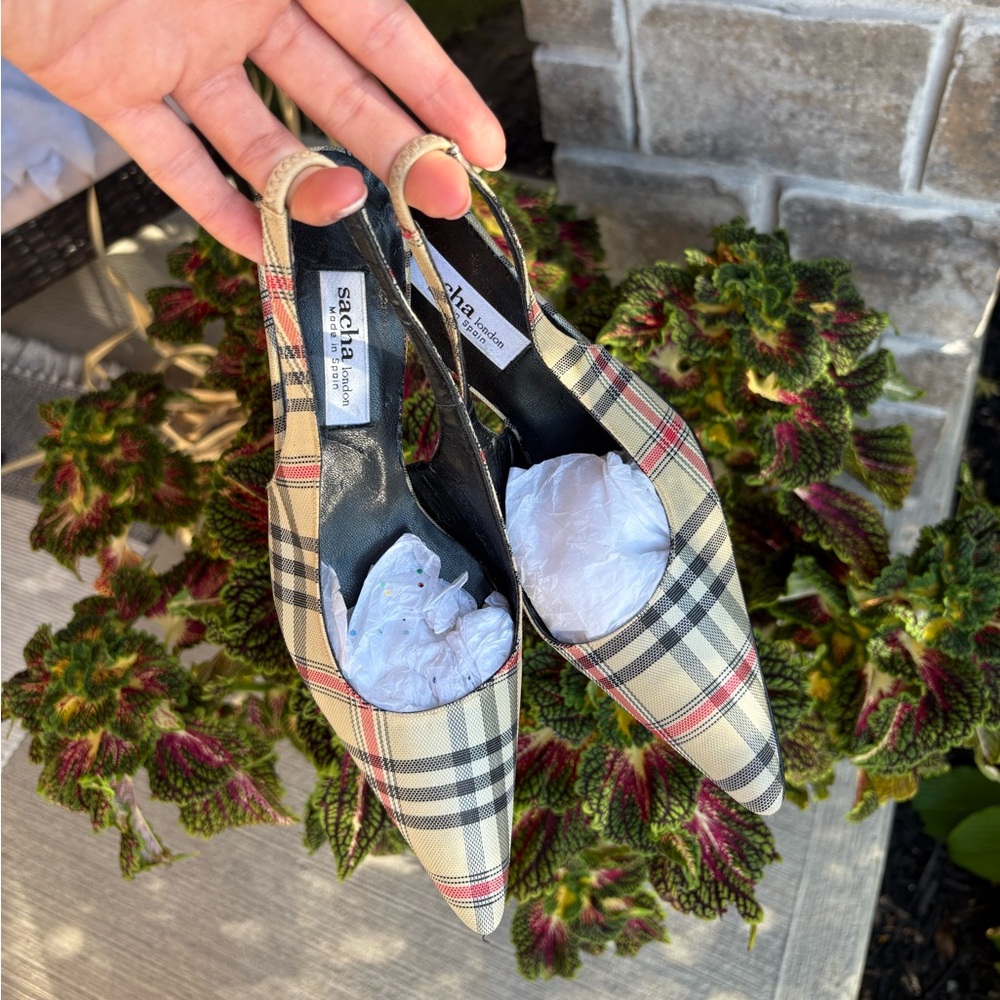 Sacha London Plaid Beige Black Red Slingback Heels